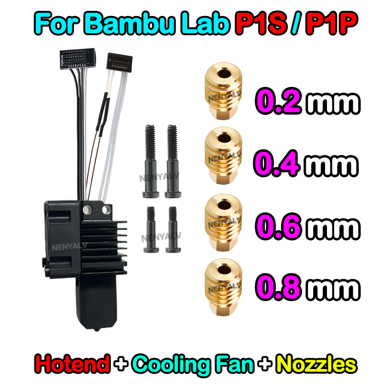 Bambu Lab X1/X1C/P1P/P1S Metal Hotend With Cooling Fan Hardened Brass Copper 0.2/0.4/0.6/0.8mm Nozzle 3D Printer: black