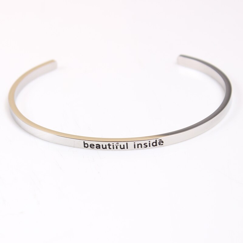 Stainless Steel Bar Engraved Positive Inspirational Quote Cuff Bangle Mantra Bracelet for Women Best Christmas: beautiful inside