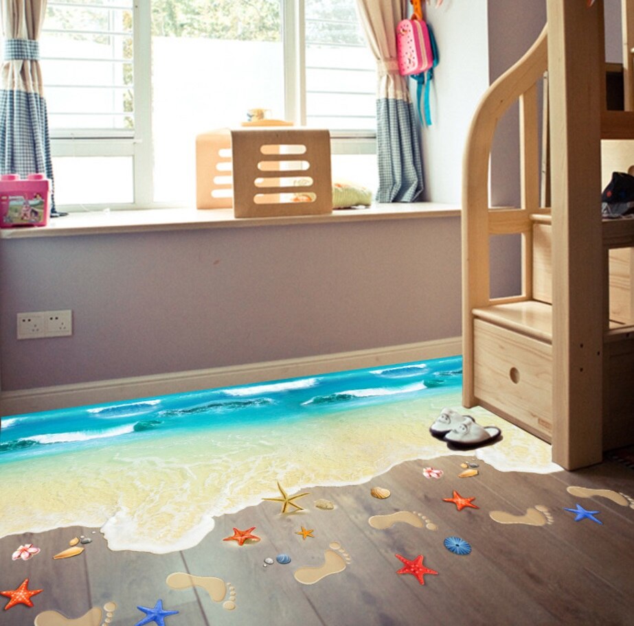 Gulvklistermærker 3d strandklistermærker aftagelige vægmaleri klistermærker vinyl kunst badeværelse stue gulv væg applikation børnehave tapet