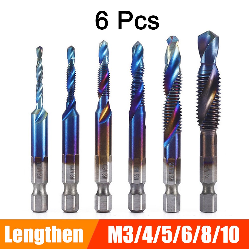 M3, M4, M5, M6, M8, M10, Hex Shank HSS Screw, Titanium Plated, Thread Metric Tap Drill Bits, Machine Compound, Hand Tools: Blue Lengthen