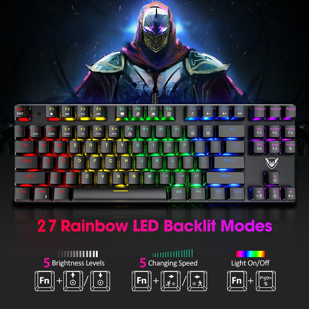 PICTEK PC244 Wired Gaming Keyboard Mechanical keyboard RGB LED Backlit USB Blue Switch 87 Keys Keycaps For Computer PC Gamer