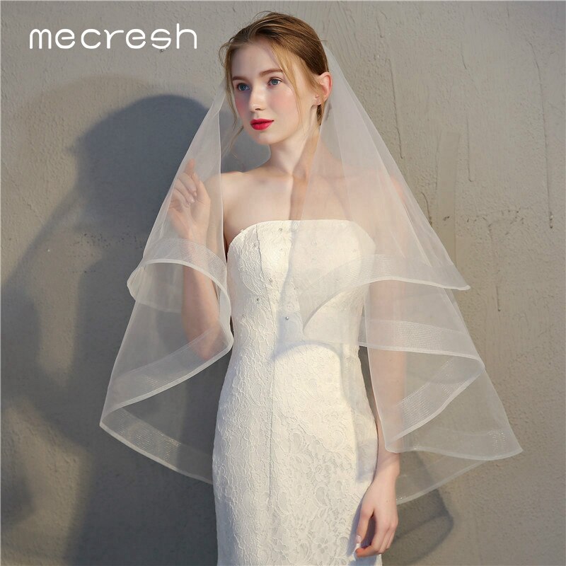 Mecresh Band-Rand Braut Hochzeit Schleier 2 Schichten Weiß Elfenbein Ellenbogen Länge Tüll Mariage Schleier Mit Kamm Frauen Zubehör TS001