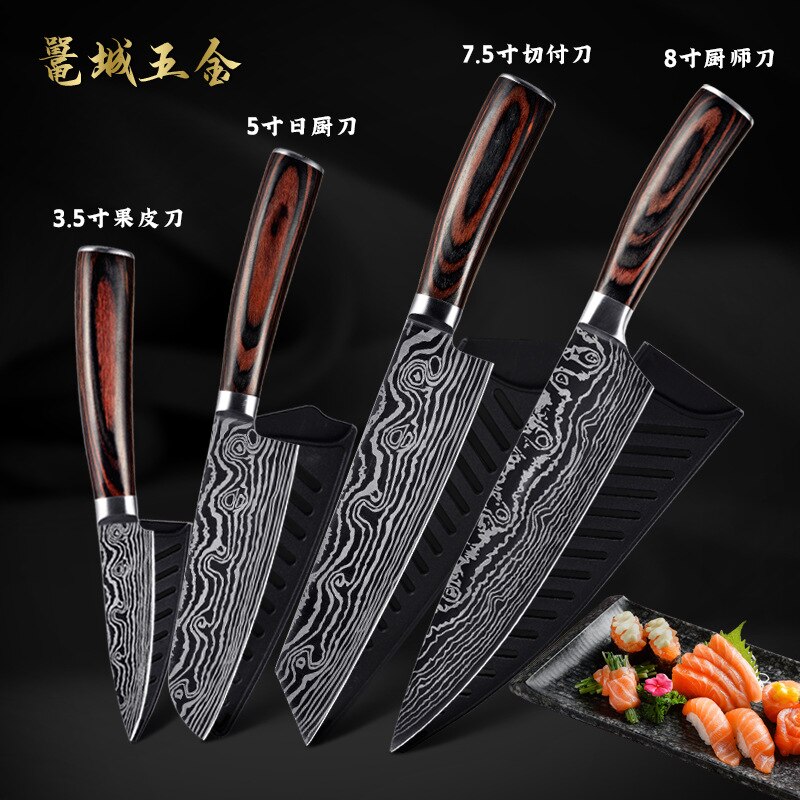 Cuchillo de Chef KnivesHigh de acero inoxidable, dibujo de Damasco, Gyuto, cuchillo de Santoku: 4PCS