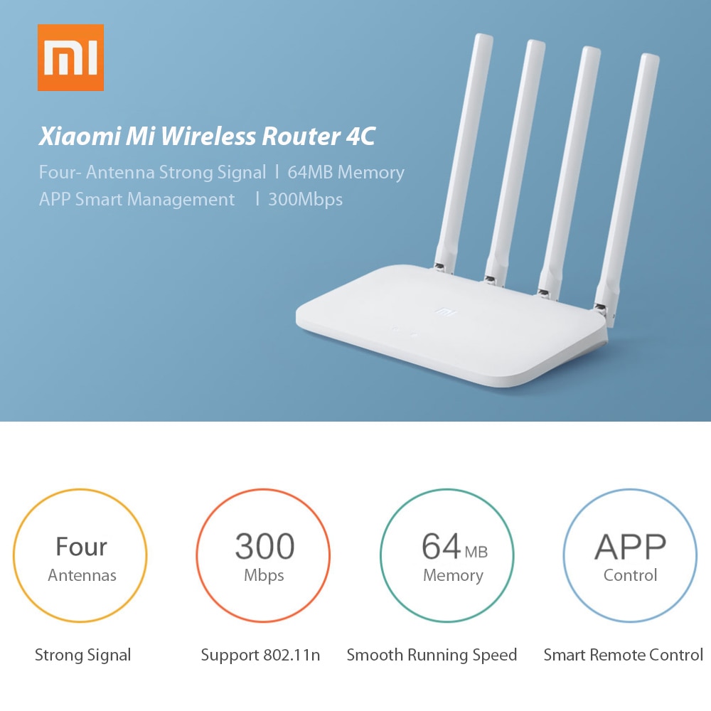 Xiaomi Mi WI-FI Roteador 4C 64 RAM 300Mbps 2.4G 802.11 b/g/n 4 Antenas Banda roteadores sem fio WiFi Repetidor Mihome Controle APP