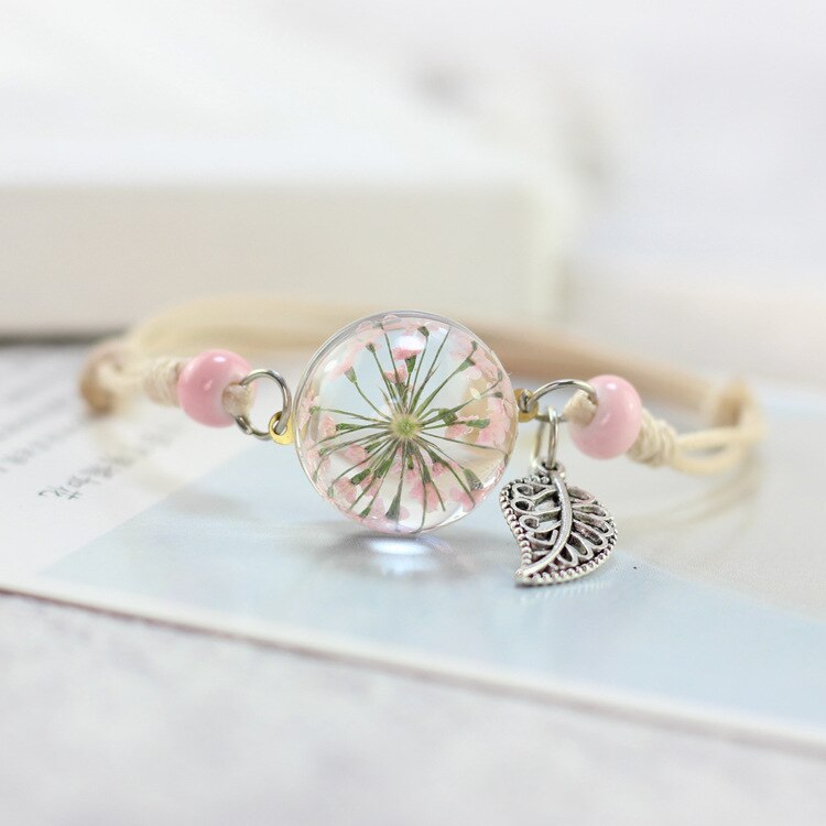 LKO Glass Bracelet Weave Lucky Flower Bracelets Handmade Dandelion Woven Dried Flowers Glass Beads Bracelet Women Jewelry: big Pink