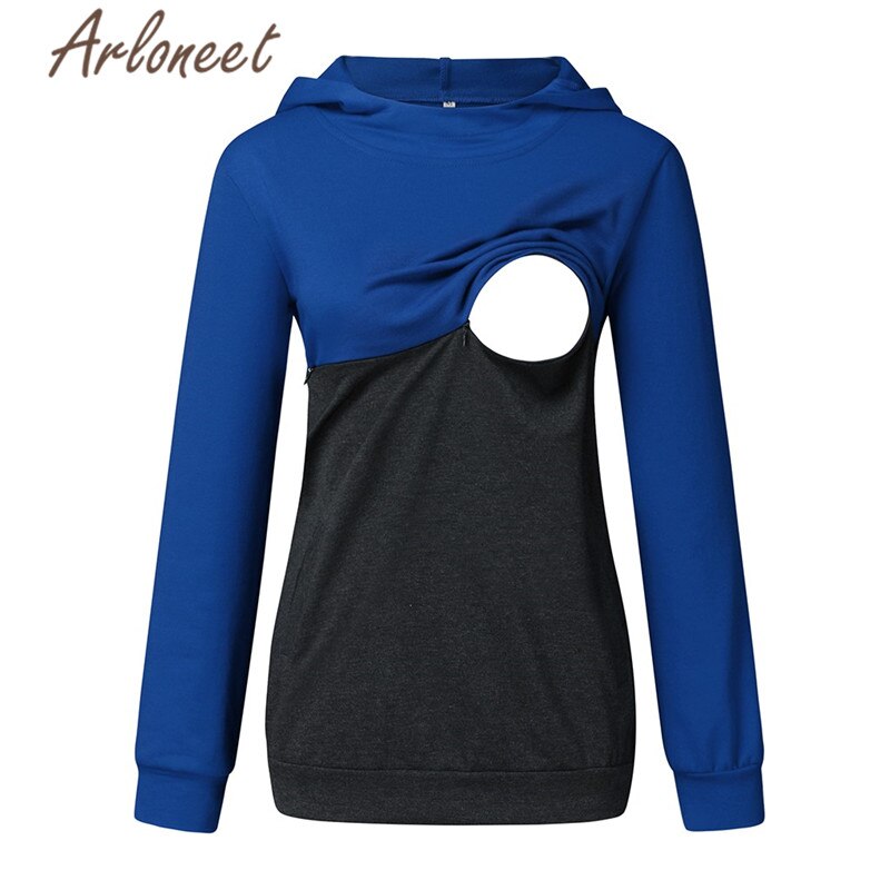ARLONEET Clothes Women Hooded Sweatershirt Maternity Tops Zipper Loose Nursing Sweatershirt Long Sleeve Winter Pregnant Clothes: Blue / XXL