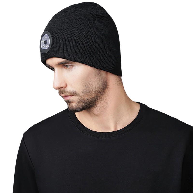 Unisex winter warm knitted hat with led flashlight, hiking led light beanie cap, usb rechargeable hands-free, 5 led spotlight cap