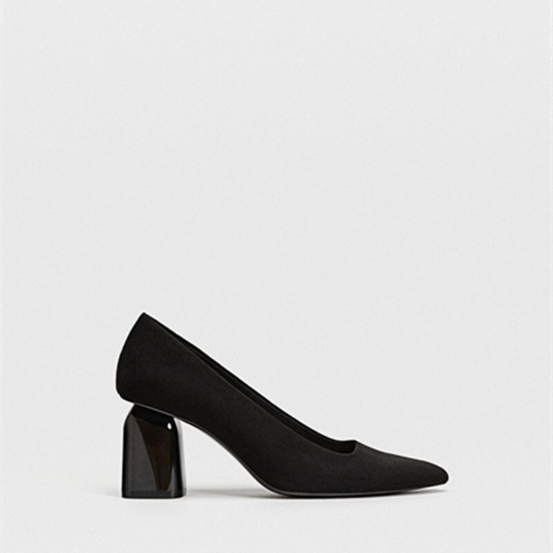 Herfst winter zwarte dames schoenen met blokhak, puntige neus, vreemde hak, damesschoenen met merknaam