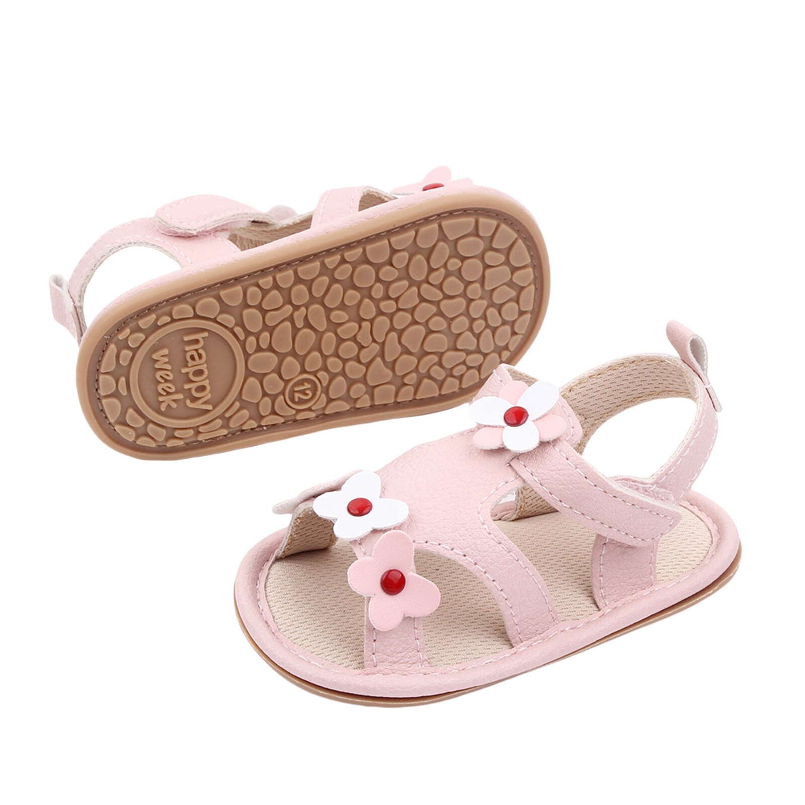 Baby Anti-Slip Platte Schoenen, Bloem Patroon Zachte Zool Sandalen Voor Baby Meisjes, wit/Zwart/Roze