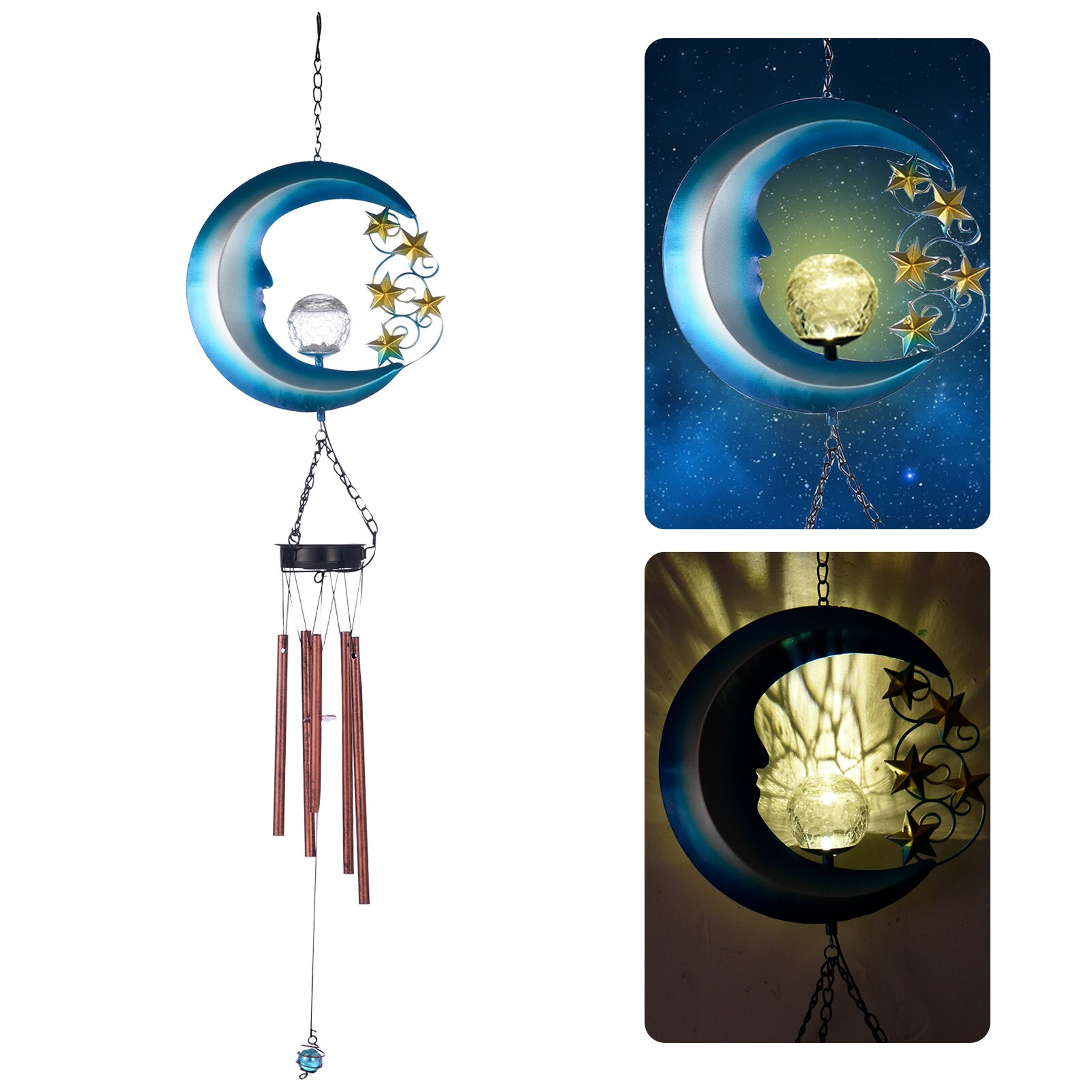 Solar Power Wind Chime Crystal Ball Moon Star Decor Landscape Light Waterproof Outdoor Windchime Light For Patio Yard Garde