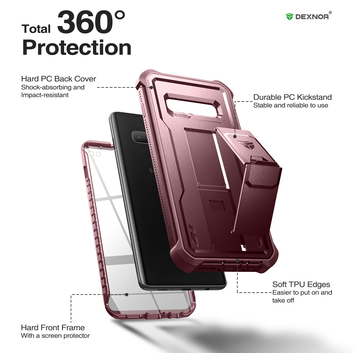 Funda protectora de cuerpo completo 360, hoja de PC + carcasa de TPU para Samsung Galaxy S10 Plus, funda con soporte y funda protectora de pantalla integrada