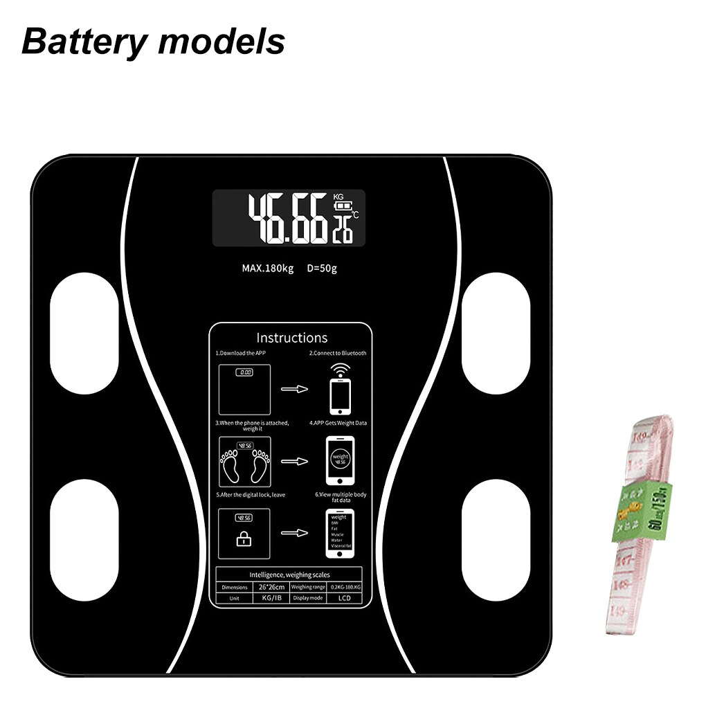 Bluetooth Bathroom Smart Scales Body Fat Balance Digital Weight Weighing Scale Wireless APP Floor Balance Charging And Battery: Battery-Black