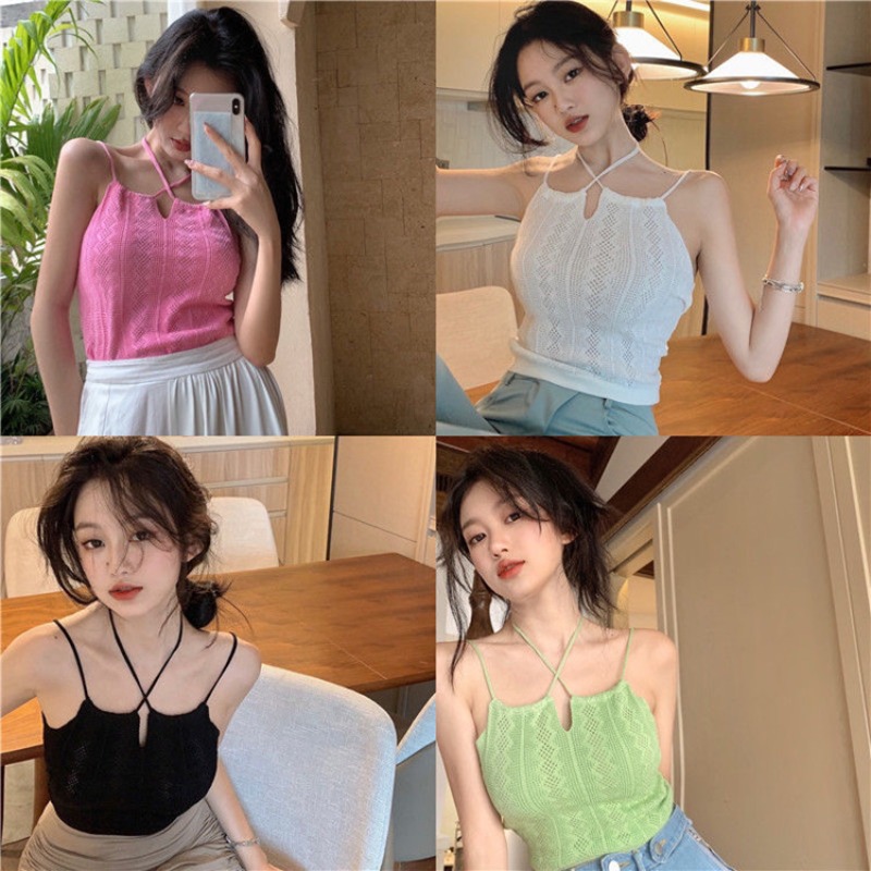 Kvinder sexede halterneck tanktoppe sommer udhulede strikkede ensfarvede cropped toppe dame camisole med stropper crop top til kvinder tanktoppe