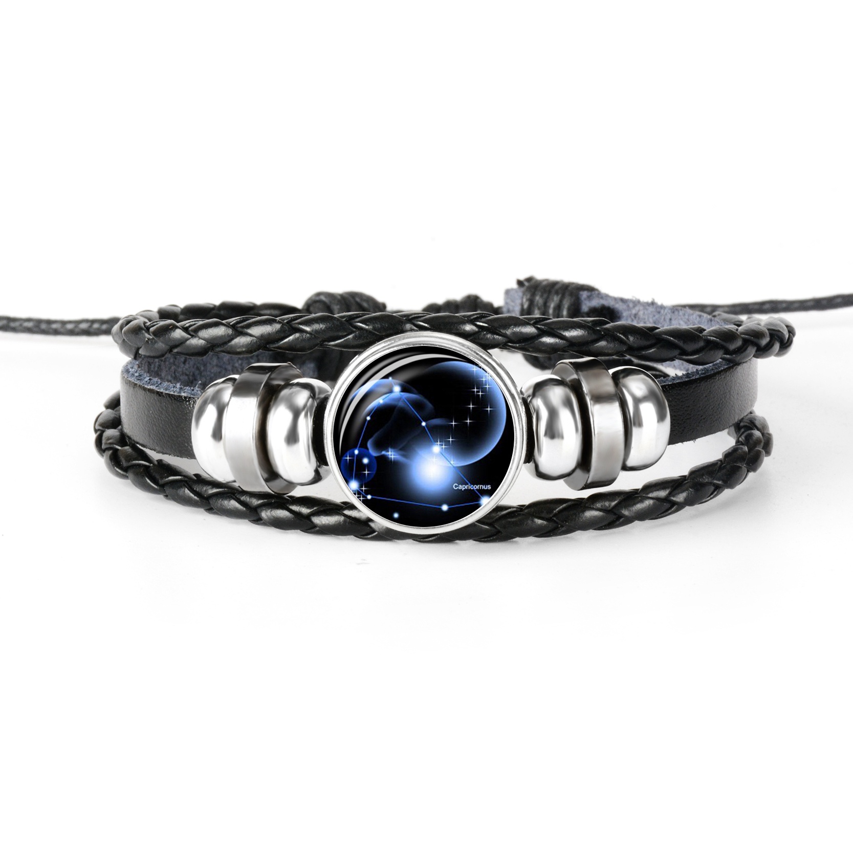 Zodiac Bracelet Charm Diy Jewelry Constellation Glass Metal Buckle Black Multilayer Leather Bracelet Women Men