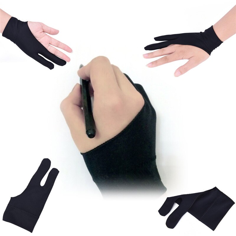 gant de dessin d'artiste pour toute tablette de dessin graphique 2 doigts Anti-salissure, à la fois pour la main droite et la main gauche noir
