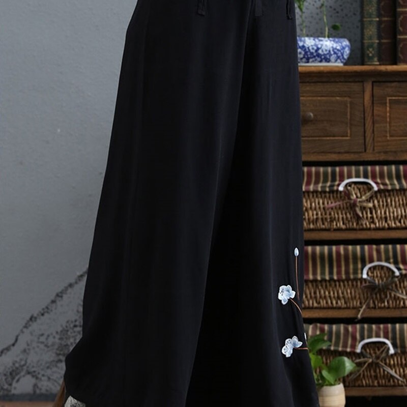 Pantalones étnicos para mujer, pantalón chino tradicional, Falda bordada, Vintage, holgado, informal, de pierna ancha, TA1415,