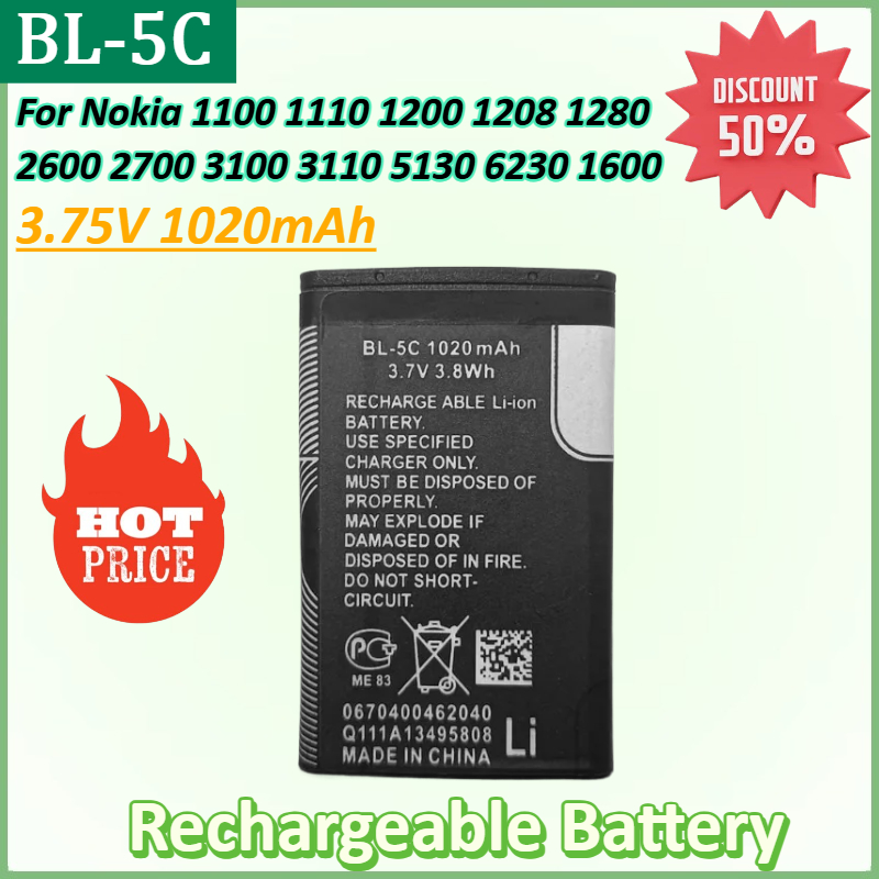 Neuer BL5C BL-5C 3,75 V 1020 mAh Lithium-Spielekonsolen-Akku für Nokia 1100 1110 1200 1208 1280 2600 2700 3100 3110 5130 6230 1600