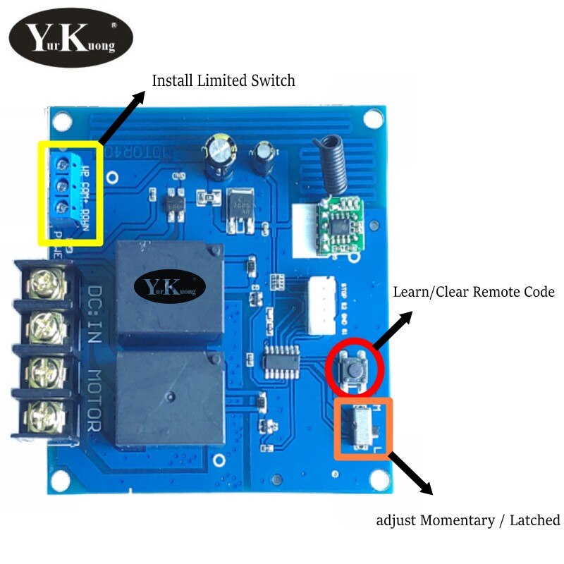 DC 24V 40A 2CH Motor Remote Control Switch Motor Forwards Reverse Up Down Stop Door Window Curtain Wireless TX RX Limited Switch