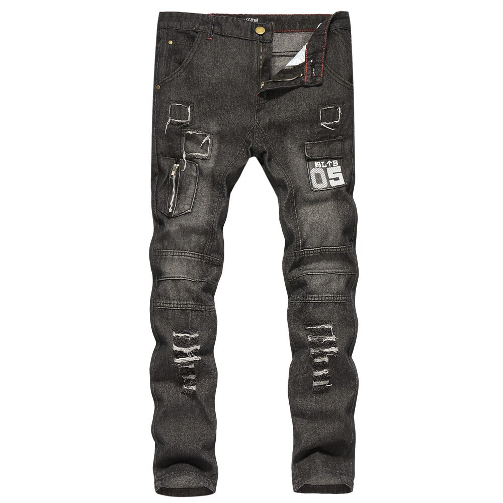 Jeans Men's Distressed Stretch Ripped Jeans Men Hip Hop Slim Fit Punk Denim Jeans Cotton Pants Zipper Jeans Black Jeans Men: Navy / L