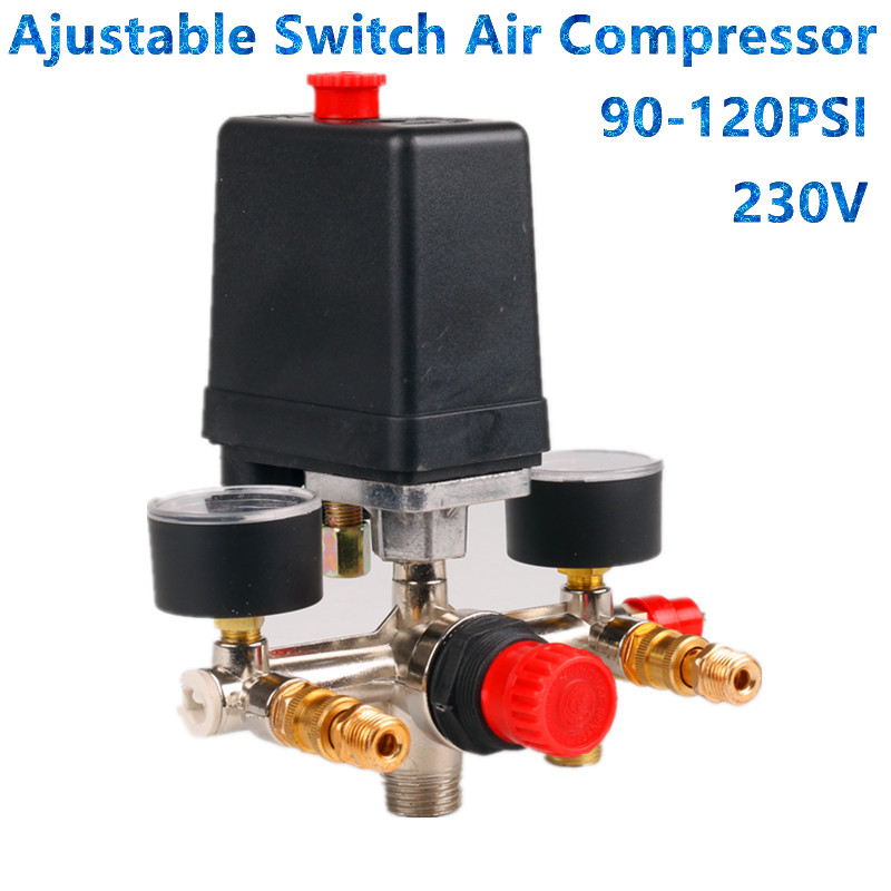 Luftkompressor trykventil switch manifold relief regulator gauges 90-120 psi 230-220v aluminiumslegering beslag