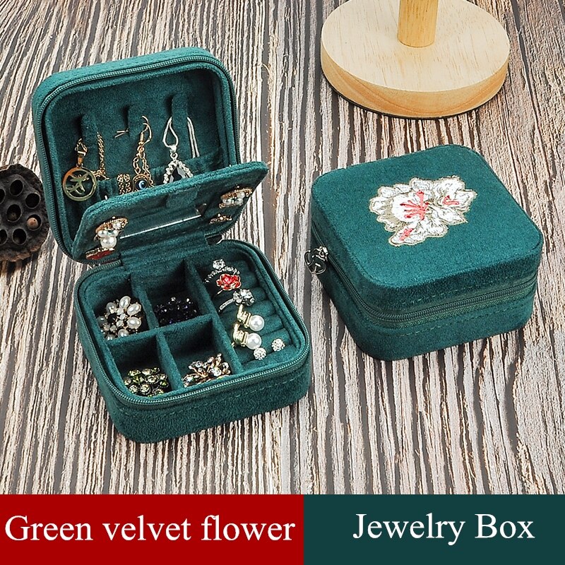 2022 Leather Portable Jewelry Box Double Simple Earrings Ring Jewelry Casket Can Hold 68 Earrings: Green  velvet flower