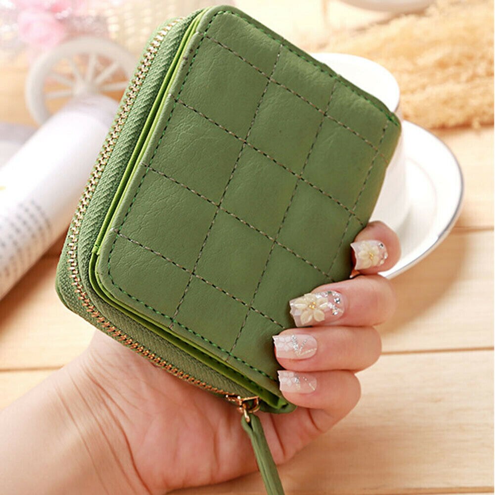 Vrouwen Dames Solid Folding Wallet Leather Zip Plaid Portemonnee Clutch Kleine Mini Kaarthouder Vrouwelijke Tas: green