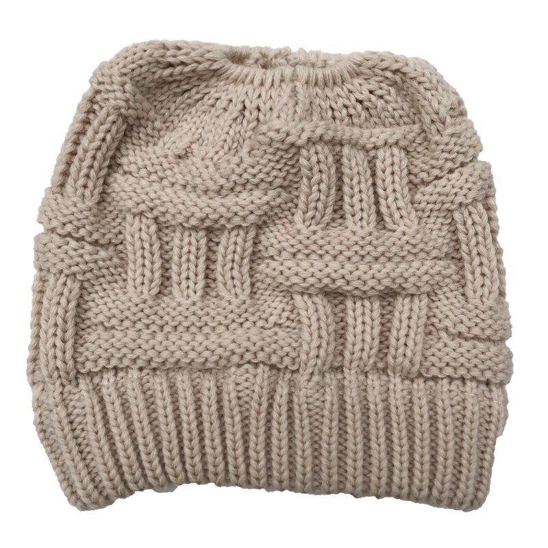 Women Winter Chunky Plaid Crochet Knitted Beanie Hat with Ponytail Hole High Messy Bun Solid Color Stretch Snow Ski Skull Cap: Beige
