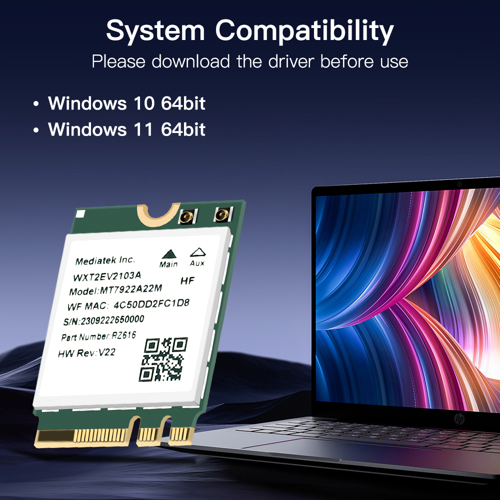 Wifi 6e mt7922 m.2 placa sem fio 5374mbps bluetooth 5.2 adaptador de rede 802.11ax 2.4g/5g/6ghz mediatek mt7922 MU-MIMO win 10 11