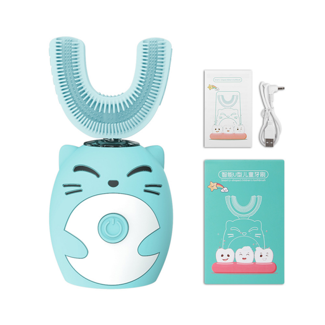 Brosse à dents électrique ultrasonique automatique en silicone, 360, pour enfants, brosse à dents en forme de U, intelligente, mignonne, dessin animé: B-blue 7-15Y