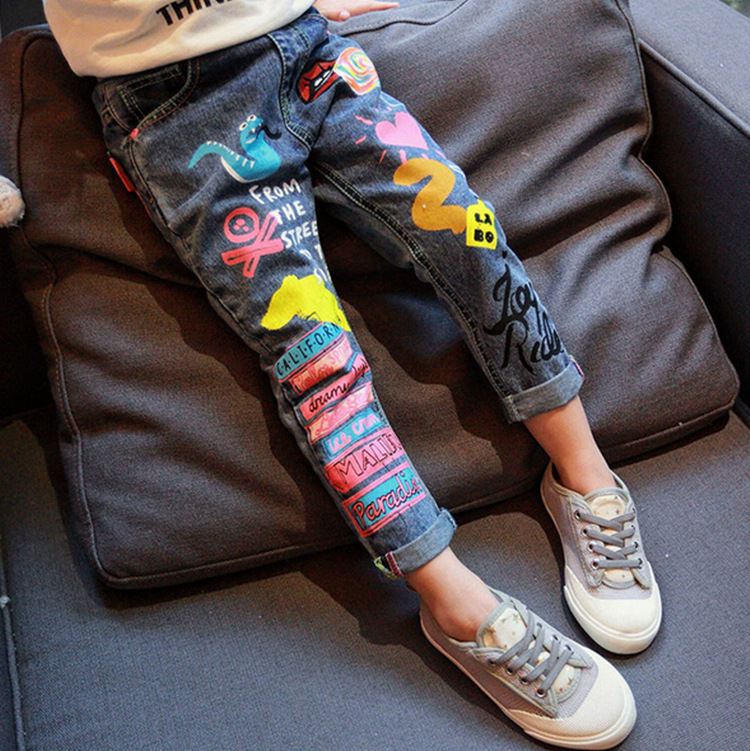 Forår og efterår afslappet jeans børn tegneserie graffiti vilde bukser bukser