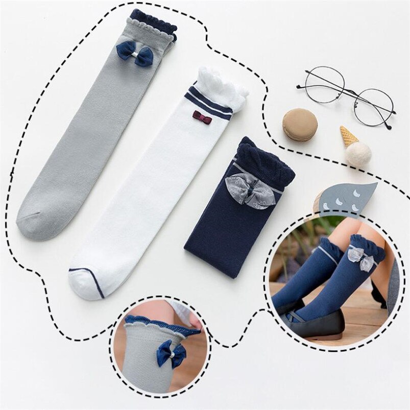 Kids Sokken Peuters Meisjes Kleine Strik Side Knie Hoge Lange Zachte Katoen Kant Baby Been Warmers Kniekousen Meisje 3-12T