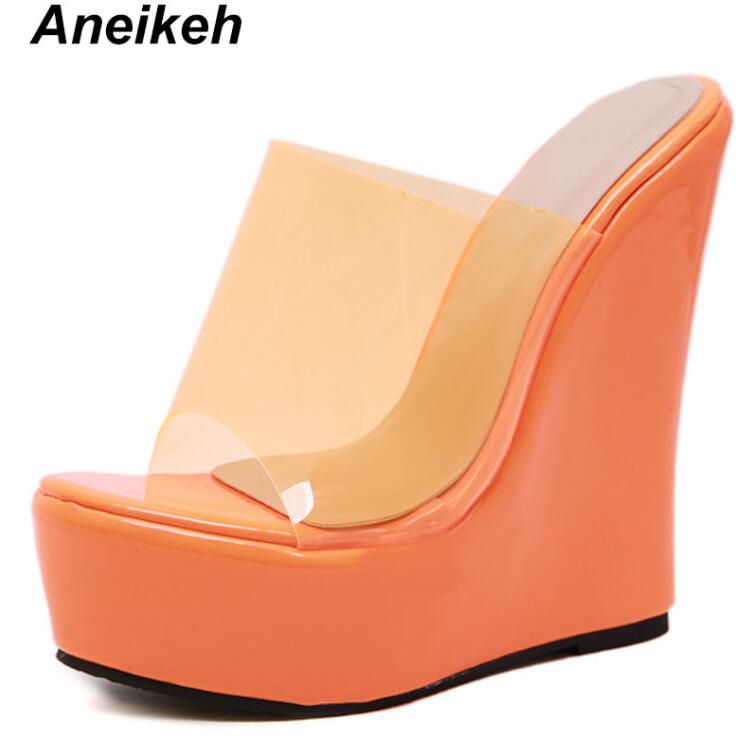 Aneikeh plattform wedge tofflor kvinnor klara genomskinliga sandaler orange gula mulor glidtjocka bottenskor ultra mycket höga: Orange / 10