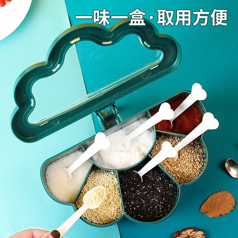 Seasoning Box Kitchen Household Compartment Jar Six-combination Spice Salt Jar Sugar Monosodium Glutamate with Spoon Storage Box: Green