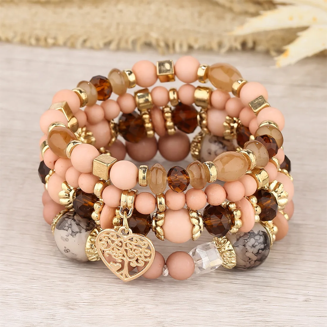 Conjunto de pulsera de cadena de cuentas acrílicas para mujer, brazalete elástico con dije de árbol de la vida, accesorios de joyería bohemia, 4 Uds.: Chapado en rodio