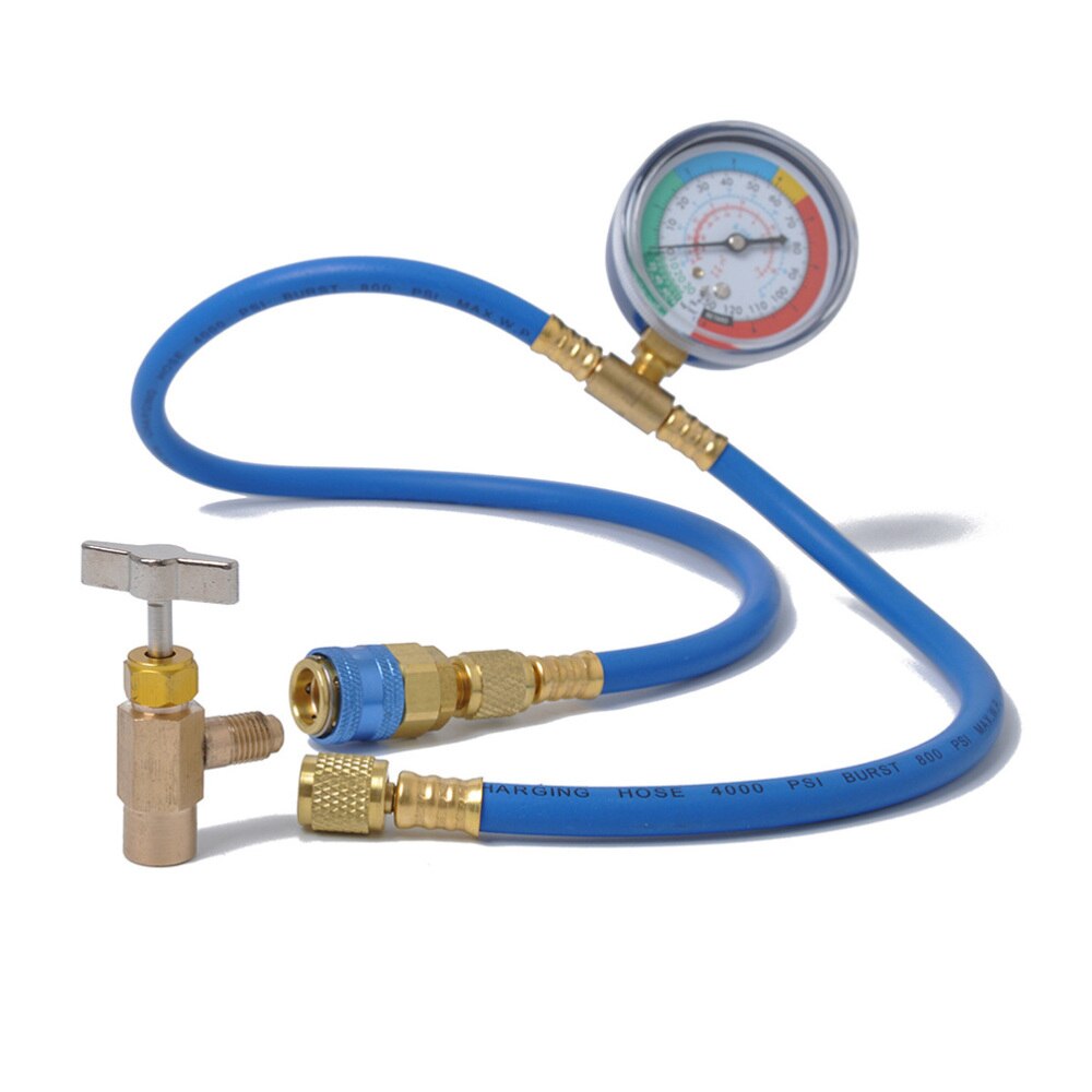 AC Charging Hose HVAC Refrigerant R134A Car Air Conditioning Refrigeration Tube Hose With 55MPa Pressure Gauge (Blue+Golden)