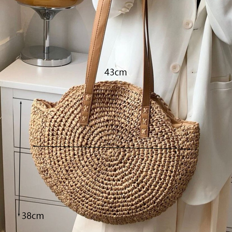 Vierkante Stro Strandtas Handgemaakte Geweven Schoudertas Vrouwen Raffia Shopper Reistas Bohemian Zomervakantie Casual Handtas Totes: b-khaki