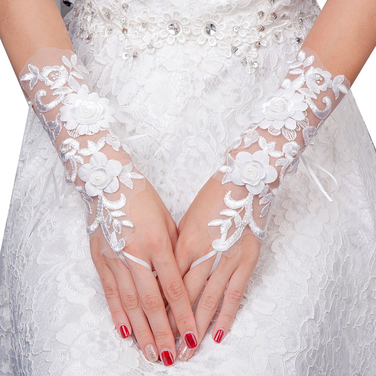 Elegantes guantes blancos de encaje Floral para mujer, guantes largos para novia, guantes de boda, accesorios para vestido de y banquete: Default Title