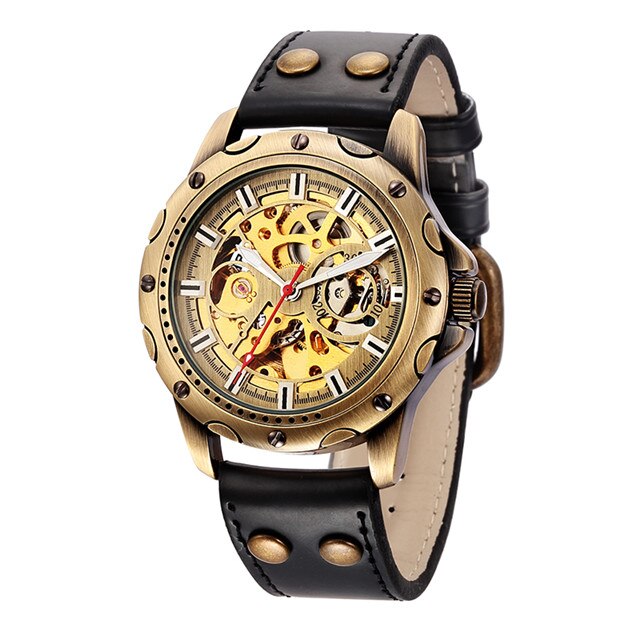 Horloge Mannen Mechanische Automatische Horloge Steampunk Skeleton Self Kronkelende Heren Horloge Retro Lederen Horloge Mannelijke Klok Montre Homme: Black