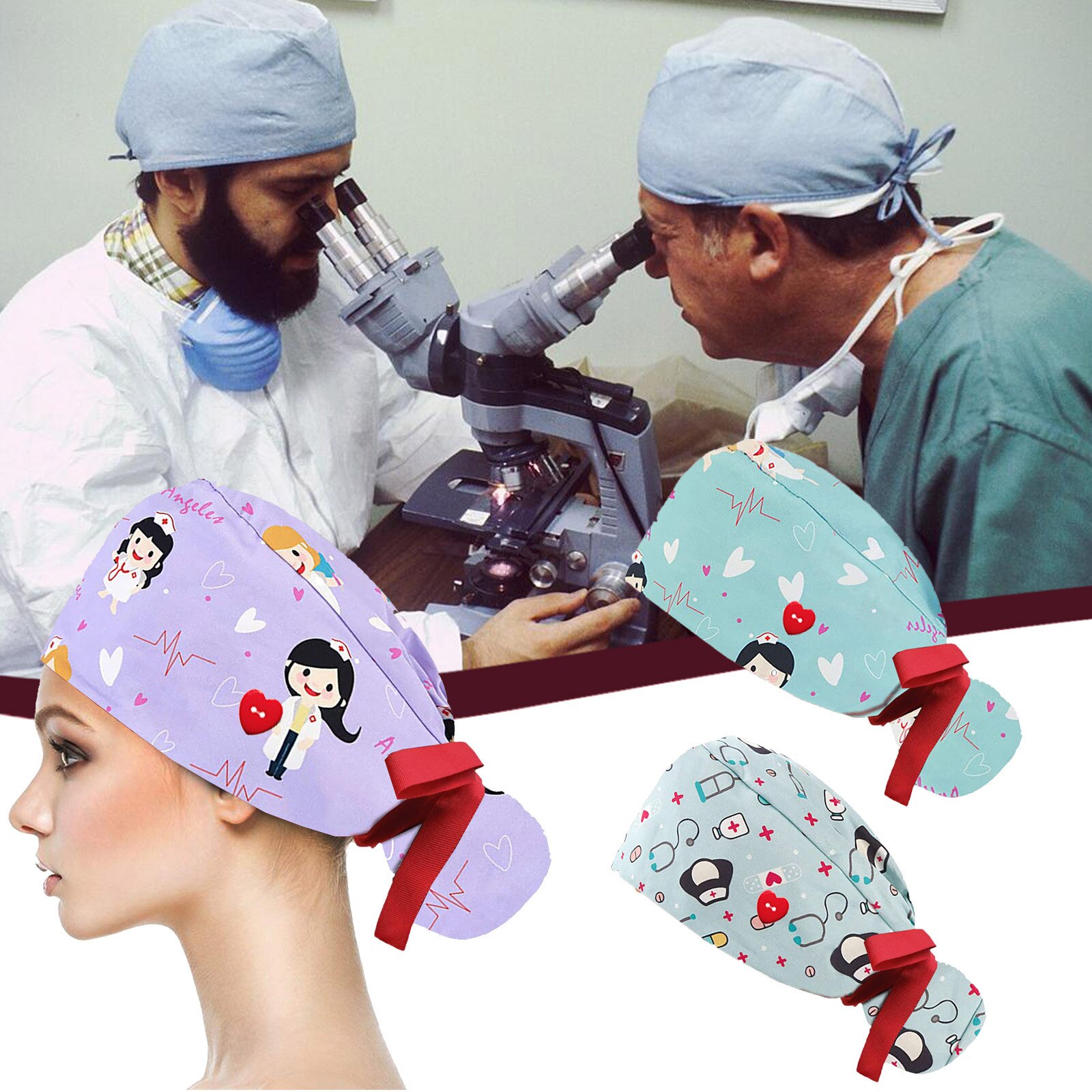 Nursing Caps Scrubs Hat Working Cap Sweatband Bouffant Turban Hat Button Tie Back Adjustable Sweat strip Adjustable Uniforme Cap