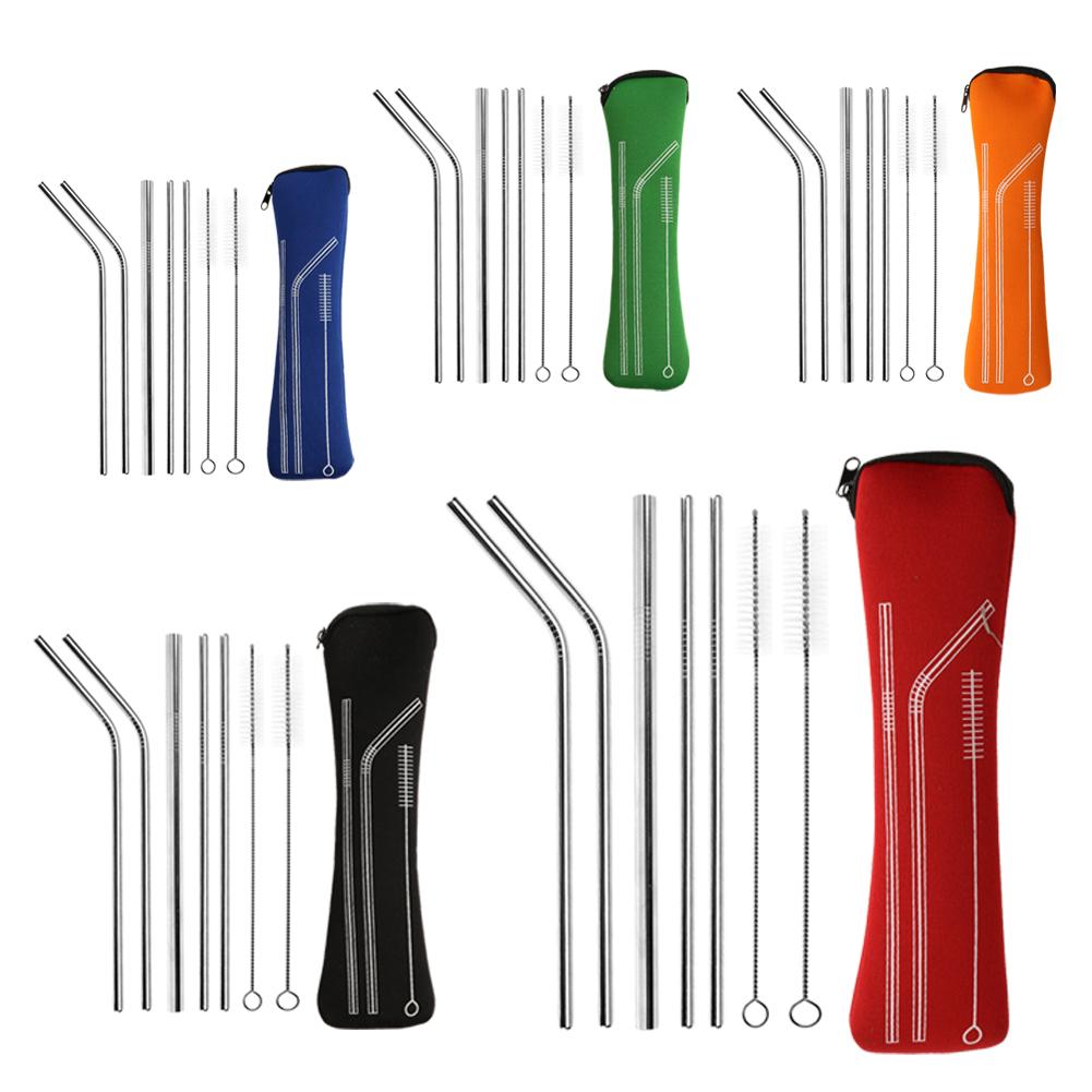 Reusable 304 Stainless Steel Sturdy Bent Straight Metal Drinking Straws with Cleaning Brush Portable Bar Party Accessory Healthy