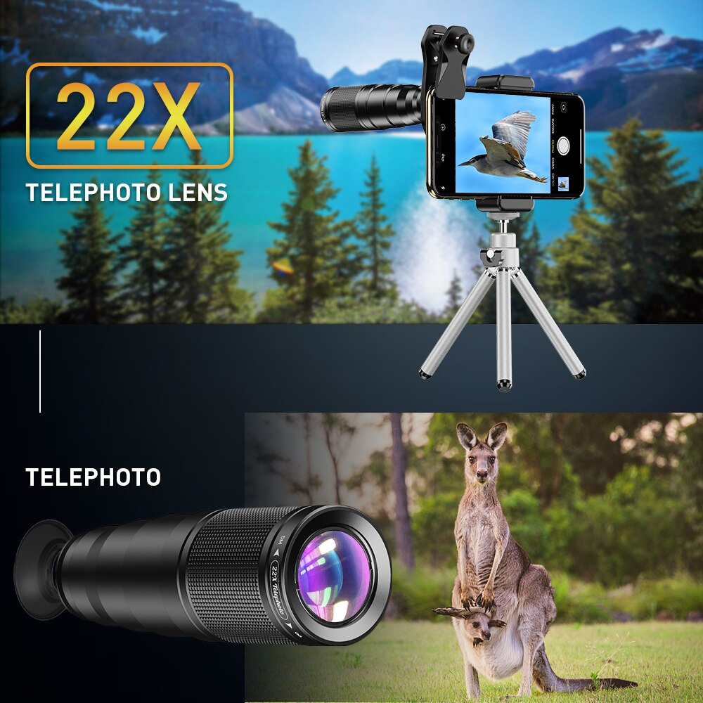 APEXEL 2020 nuovo Kit obiettivo fotocamera per telefono HD 4in1 teleobiettivo Zoom telescopio monoculare 22X obiettivo Macro grandangolare Fisheye con treppiede remoto