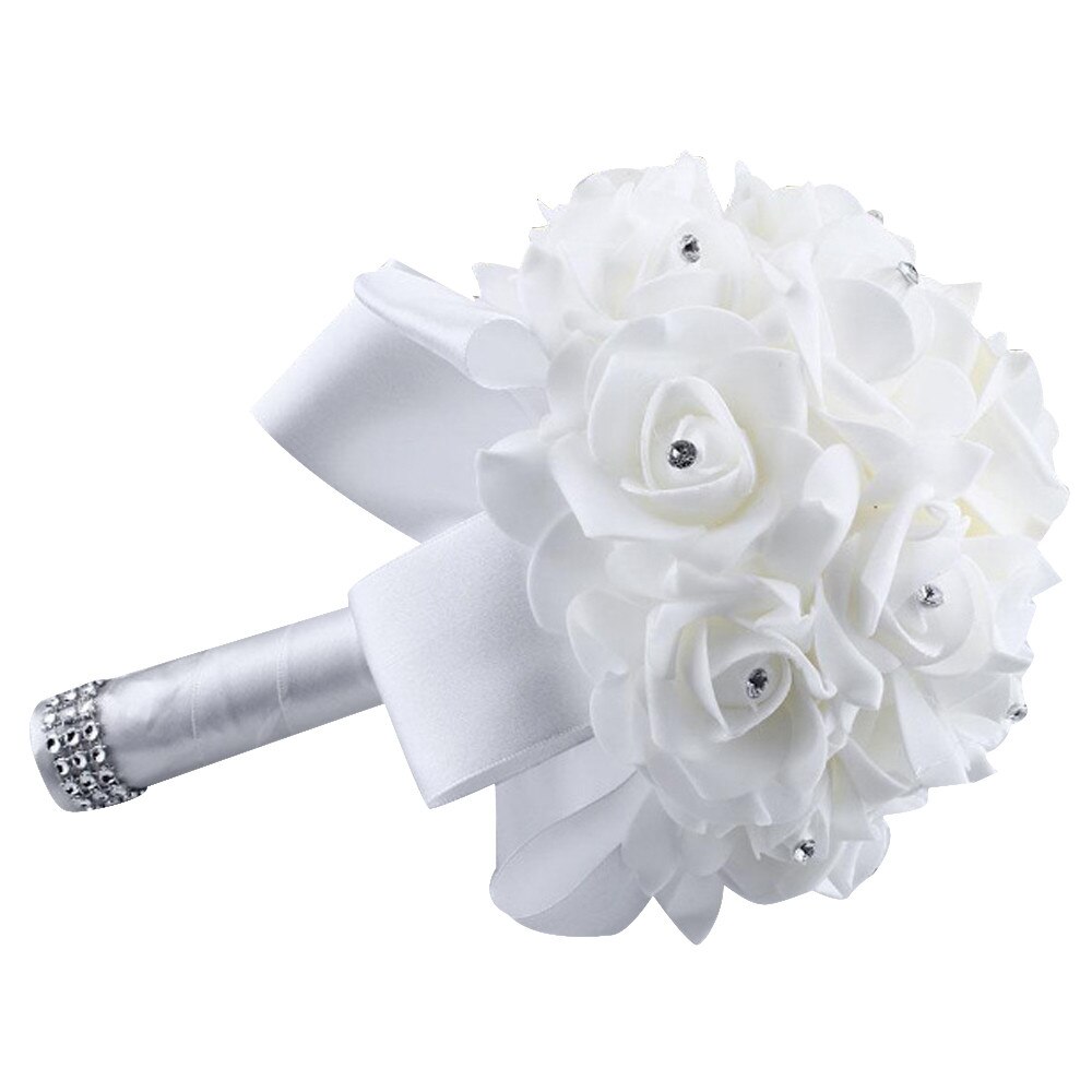 1Piece Cheap Bridesmaid Wedding Decoration Foam flowers Rose Bridal bouquet White Satin Romantic Party Garden bouquet#Y5: White