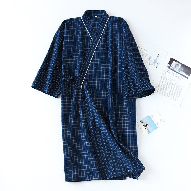 Bata de baño de algodón 100% para hombre, Kimono de estilo japonés, a cuadros, de gasa, suelta, ropa de dormir humeante: B / L