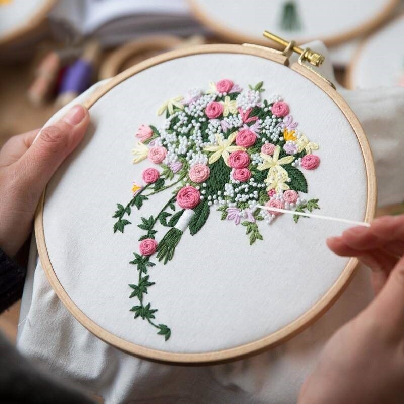 DIY Stamped Embroidery Starter Kit Handmade Embroidery Bouquet Material Package Embroidery Cloth Color Threads Tools Kit