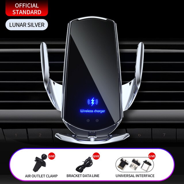 15W Automatic Car Qi Wireless Charger for iPhone 13 12 11 XS XR X 8 Samsung S21 S20 Magnetic Infrared Sensor Phone Holder Mount: Silver