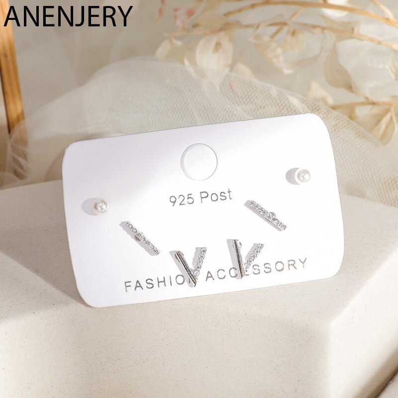 ANENJERY Semplice 6 pezzo di Piccoli Orecchini di Perle impostato punto Zircone Dritto V-a forma di Orecchini con Perno per Le Donne del Regalo S-E1215