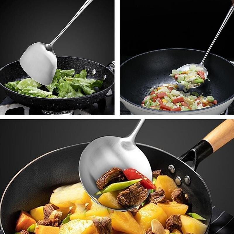 Stainless Steel Kitchen Wok Spatula Spoon Chinese Cooking Tool Kitchen Bar Wooden Handle Tools Durable Safety U0W6