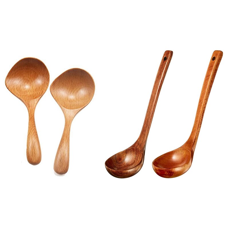 2Pcs Wooden Soup Ladle Long Handle Large Spoon With 2Pcs Wooden Ladle Soup Spoon Long Handle Ladle Cookware: Default Title