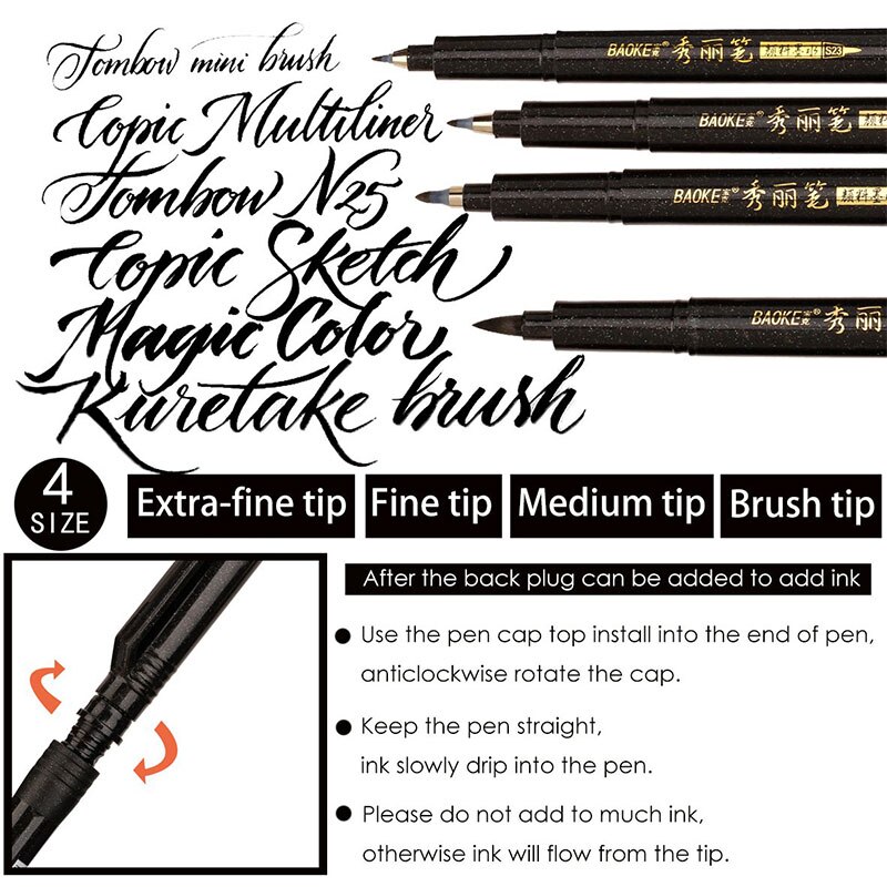 4pcs/lot Refillable Calligraphy Brush Pen for Chinese Japanese Art Craft Supplies Office School Writing Tool