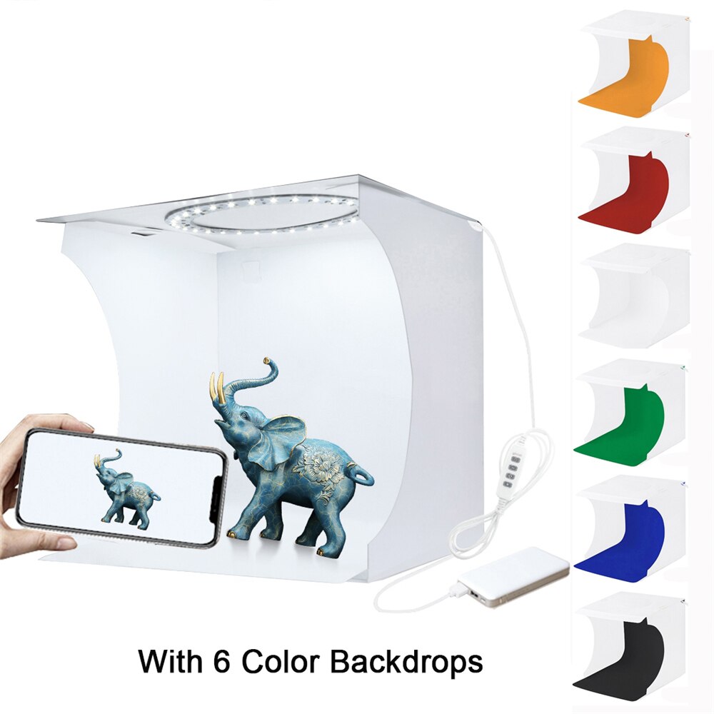 Mini 20cm LED Ring Light Room Foldable Portable Photo Studio Shooting Box Photography Light Softbox Kit with 6 Color Backdrops